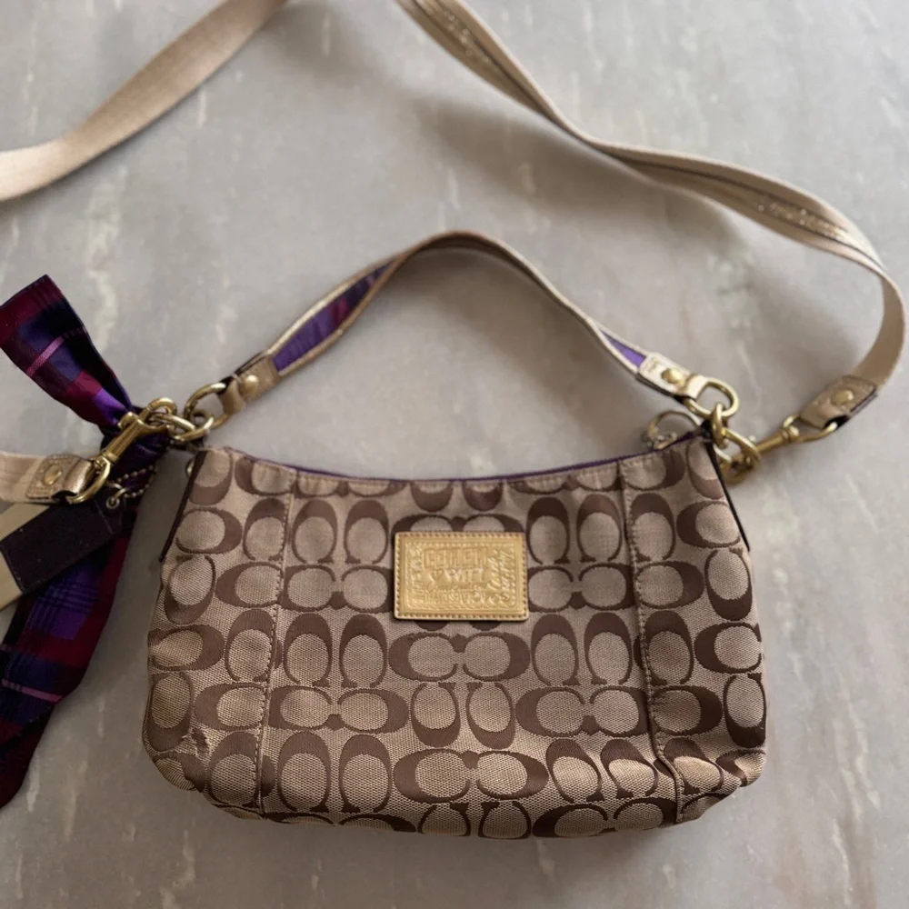 RARE Coach Poppy Tartan Applique Groovy Crossbody Shoulder Bag Brown Monogram - Picture 10 of 16